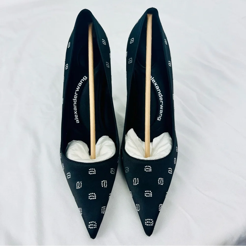 Alexander Wang Delphine Black Satin Crystal Logo Stiletto Pumps Heels 4” 39.5 - Picture 14 of 16